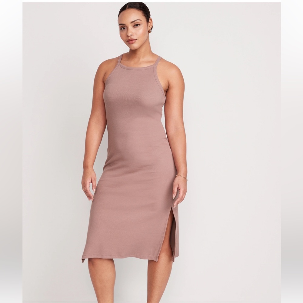 BLACK Fitted Sleeveless Rib-Knit Midi Dress for Women